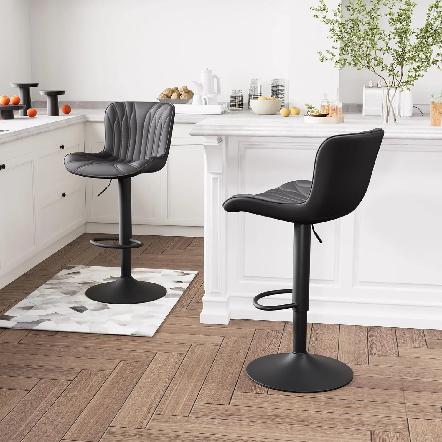 YOUNIKE Single Black Bar Stools Modern Swivel Counter Height Bar Chair with Back Adjustable Kitchen Island Faux Leather Padded Barstools taburetes de bar Breakfast sillas para barra de cocina 1PCS