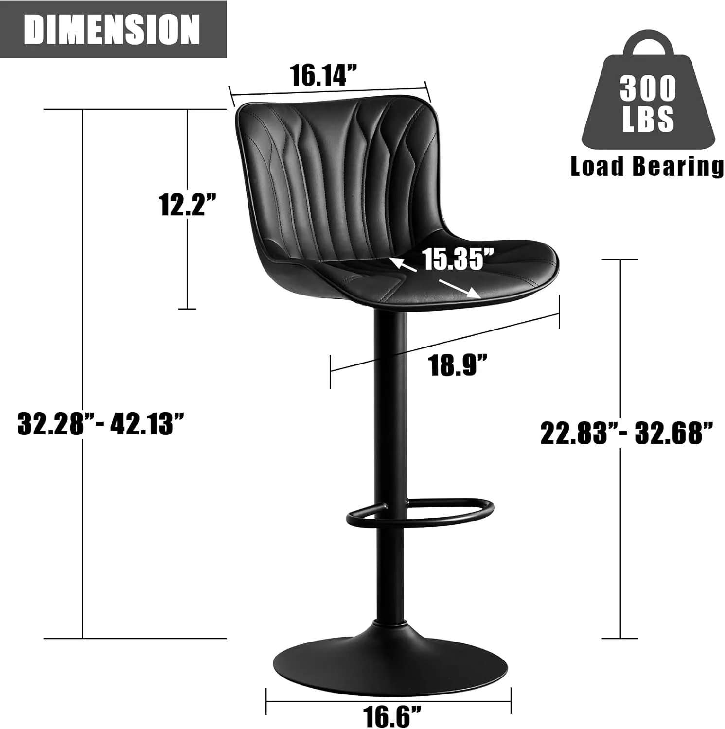 YOUNIKE Single Black Bar Stools Modern Swivel Counter Height Bar Chair with Back Adjustable Kitchen Island Faux Leather Padded Barstools taburetes de bar Breakfast sillas para barra de cocina 1PCS