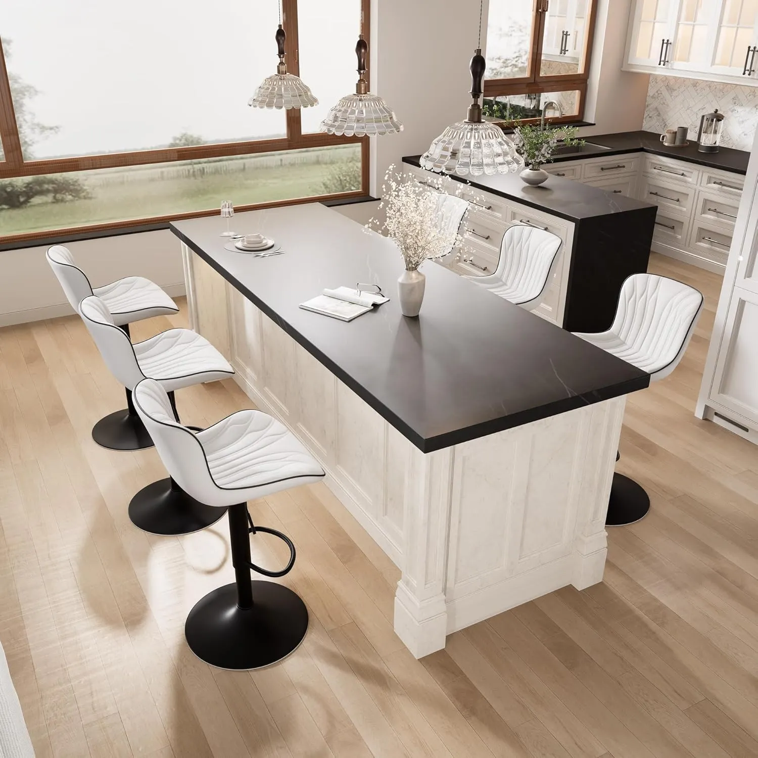 YOUNIKE Single White Bar Stools Modern Swivel Counter Height Bar Chair with Back Adjustable Kitchen Island Faux Leather Padded Barstools taburetes de bar Breakfast sillas para barra de cocina 1PCS
