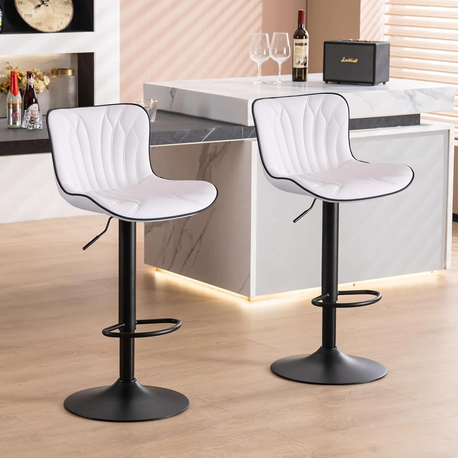 YOUNIKE Single White Bar Stools Modern Swivel Counter Height Bar Chair with Back Adjustable Kitchen Island Faux Leather Padded Barstools taburetes de bar Breakfast sillas para barra de cocina 1PCS