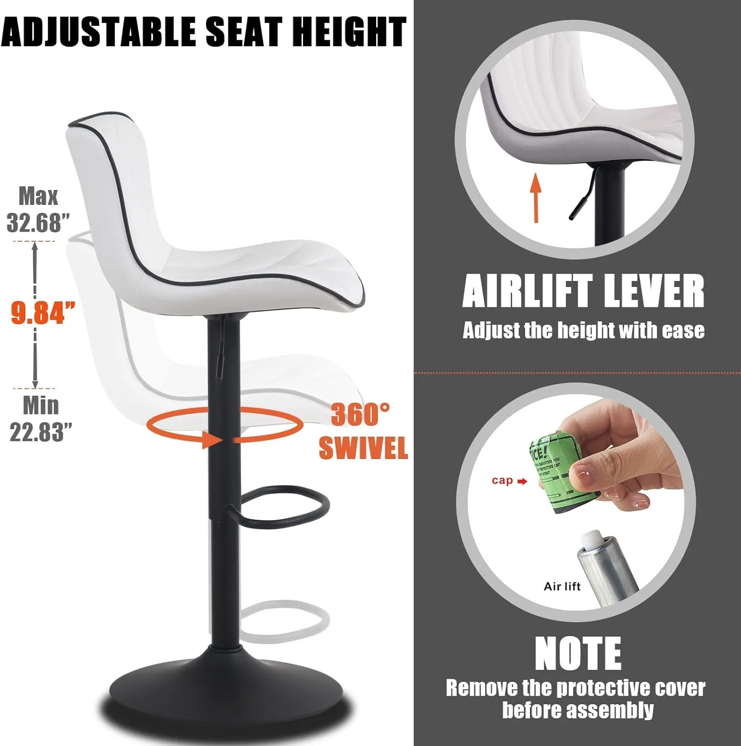YOUNIKE Single White Bar Stools Modern Swivel Counter Height Bar Chair with Back Adjustable Kitchen Island Faux Leather Padded Barstools taburetes de bar Breakfast sillas para barra de cocina 1PCS