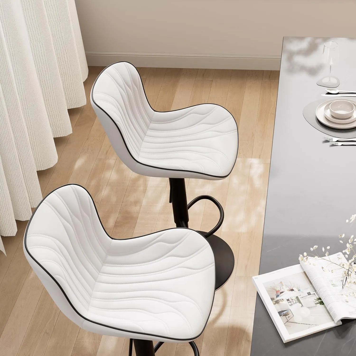 YOUNIKE Single White Bar Stools Modern Swivel Counter Height Bar Chair with Back Adjustable Kitchen Island Faux Leather Padded Barstools taburetes de bar Breakfast sillas para barra de cocina 1PCS