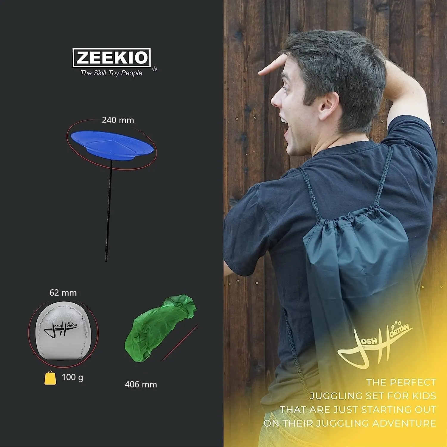 Zeekio Juggling Fun Set by Josh Horton - Set of Juggling Scarves, Beginner Juggling Balls, Soft Spinning Plate