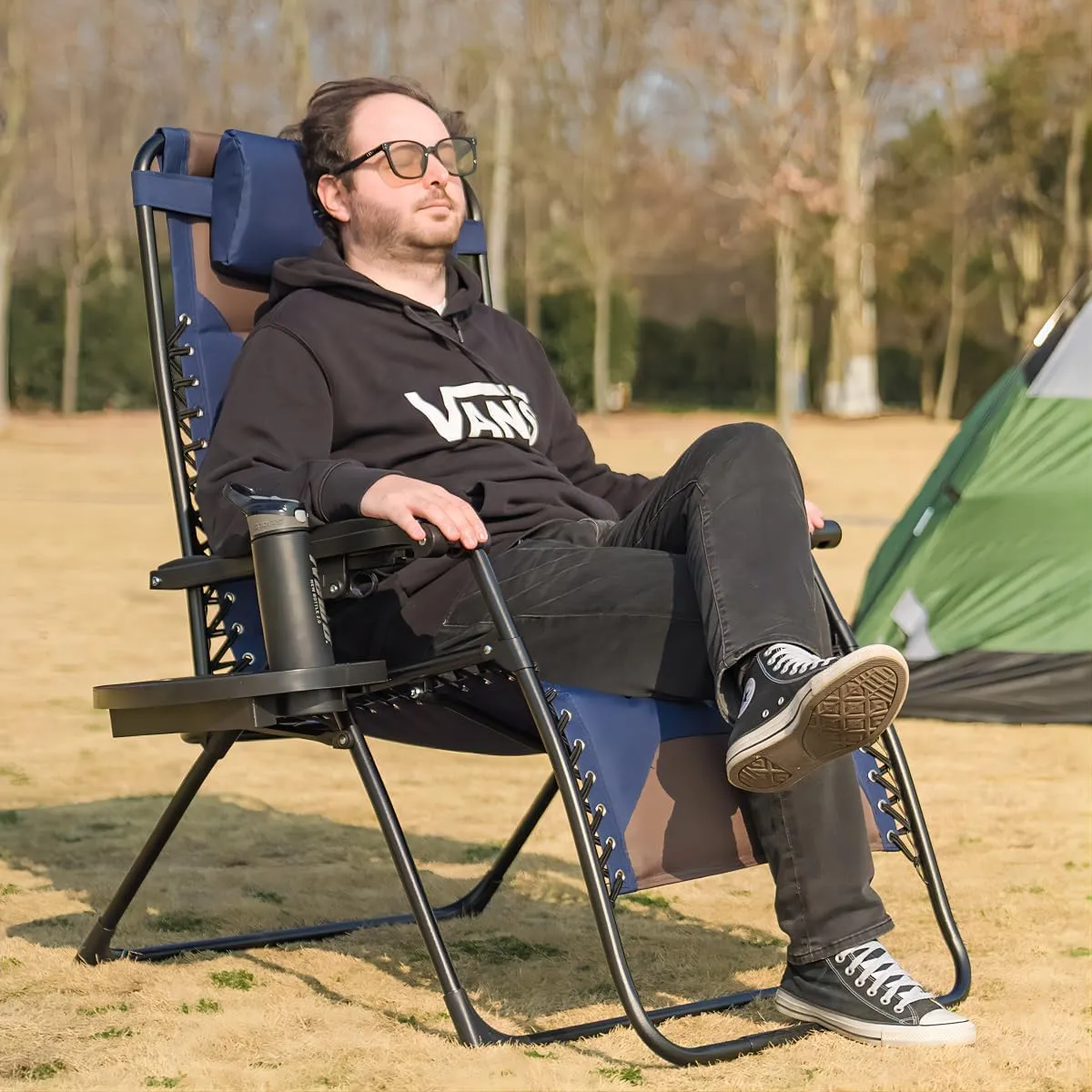 Zero Gravity Chair Oversized Padded Recliner with Adjustable Headrest & Cup Holder - 600D Oxford Folding Lounge Chair for Outdoor Camping, Patio, Poolside (Brown & Blue)