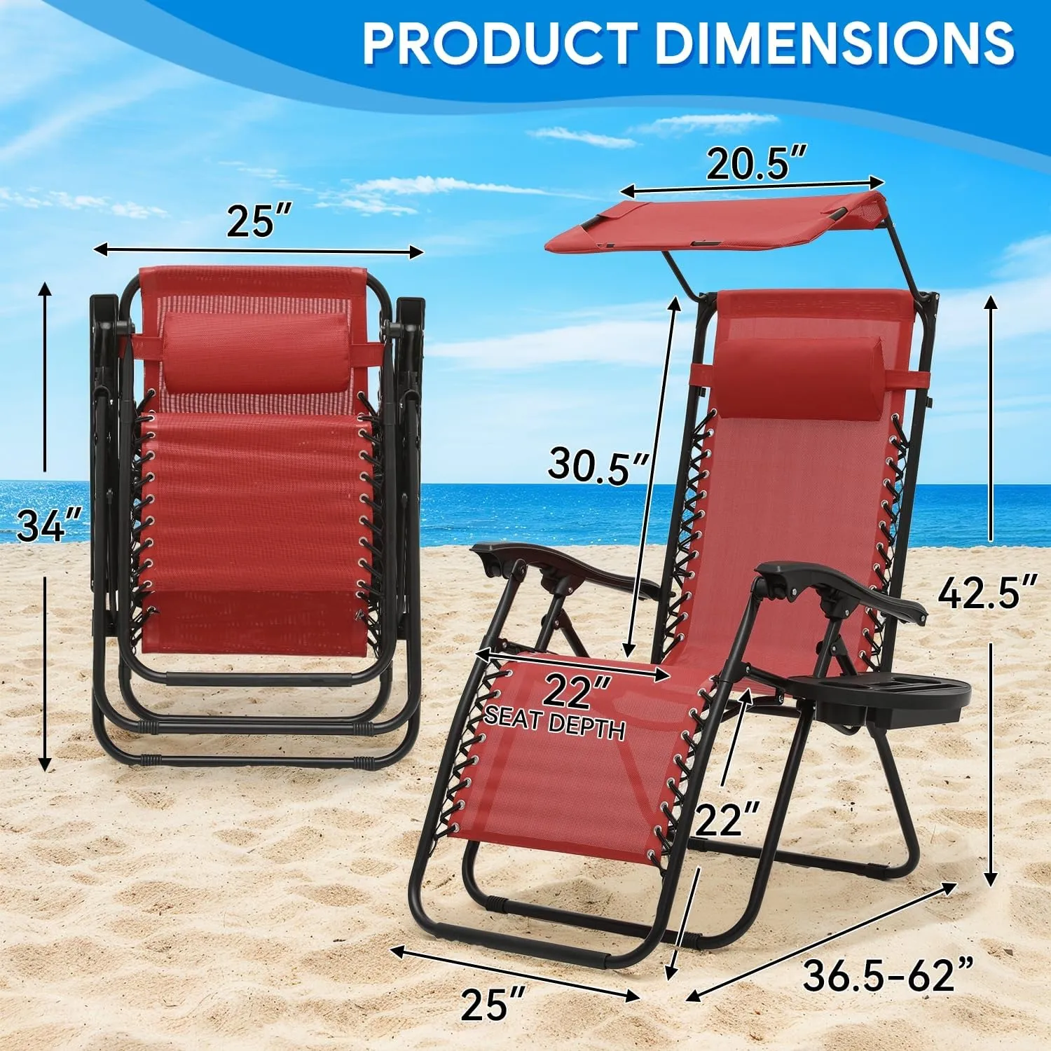 Zero Gravity Lounge Chair - Outdoor Recliner with Adjustable Sunshade Canopy, 330lbs Capacity, Detachable Tray, CAAP-BCC-B1P-MR