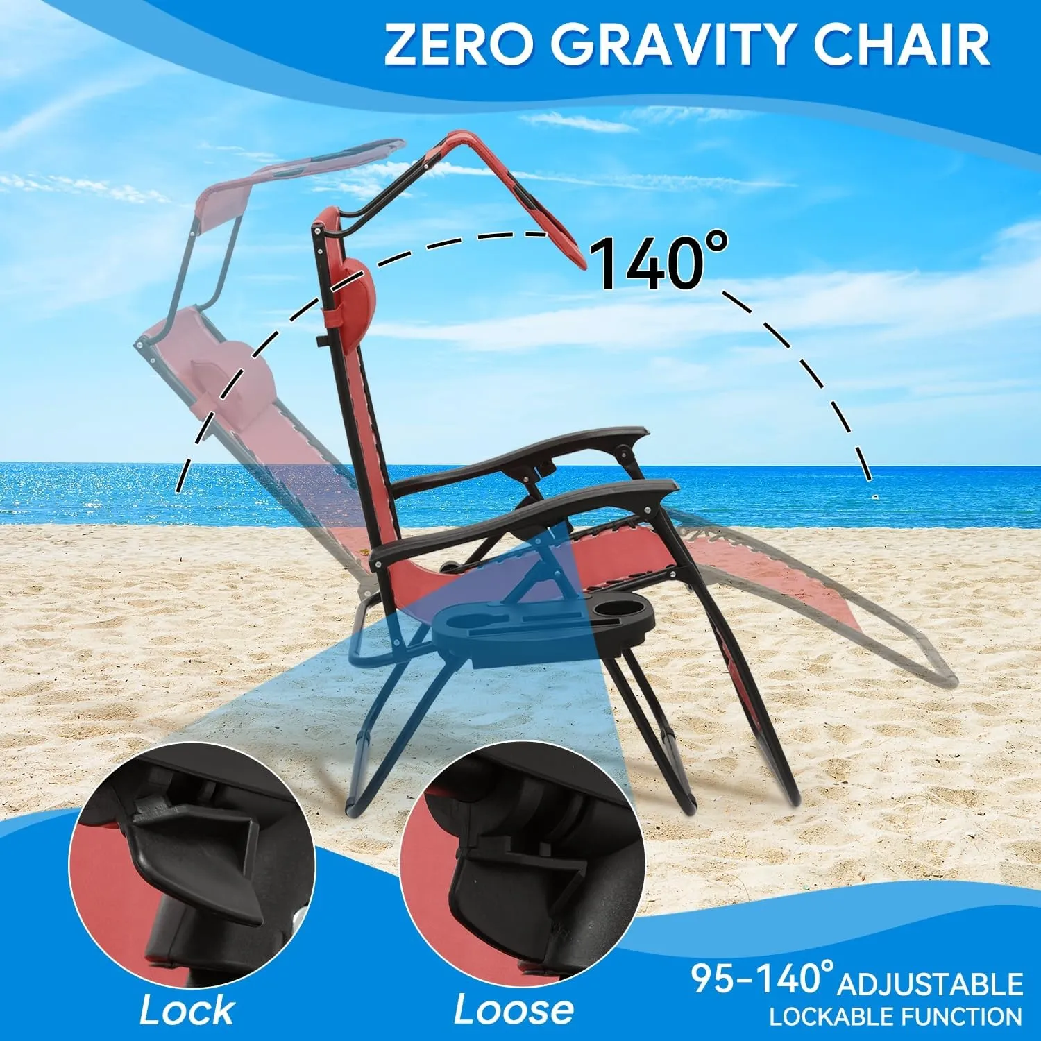 Zero Gravity Lounge Chair - Outdoor Recliner with Adjustable Sunshade Canopy, 330lbs Capacity, Detachable Tray, CAAP-BCC-B1P-MR
