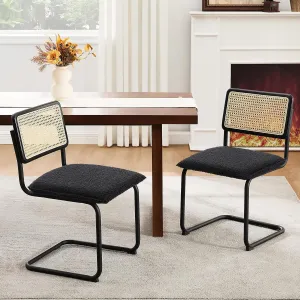 Zesthouse Natural Rattan Dining Chairs Set of 2, Modern Kitchen Chairs with Solid Wood Back for Dining Room Living Room, Mid Century Breuer Design Inspired, Upholstered Boule Fabric, Black