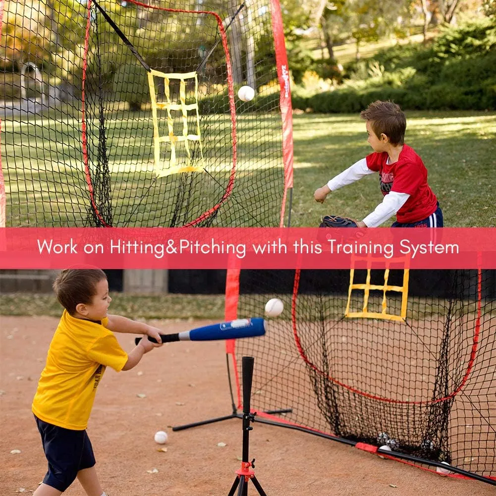 Zupapa 7 x 7 Feet Baseball Softball Net Tee Caddy Set, Hitting Pitching, Baseball Backstop Practice Net for Pitching Batting Catching for All Skill Levels, Carry Bag Strike Zone Included