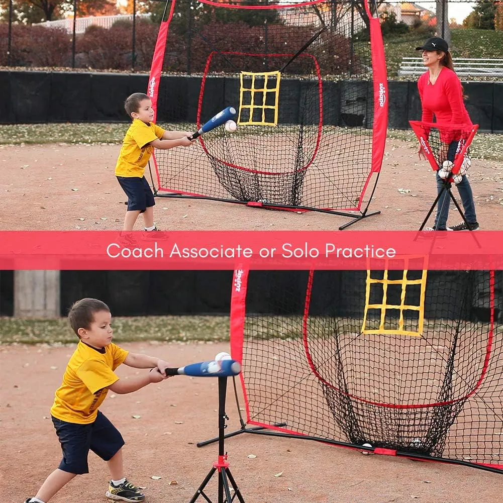 Zupapa 7 x 7 Feet Baseball Softball Net Tee Caddy Set, Hitting Pitching, Baseball Backstop Practice Net for Pitching Batting Catching for All Skill Levels, Carry Bag Strike Zone Included