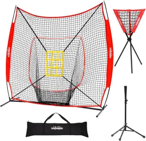 Zupapa 7 x 7 Feet Baseball Softball Net Tee Caddy Set, Hitting Pitching, Baseball Backstop Practice Net for Pitching Batting Catching for All Skill Levels, Carry Bag Strike Zone Included